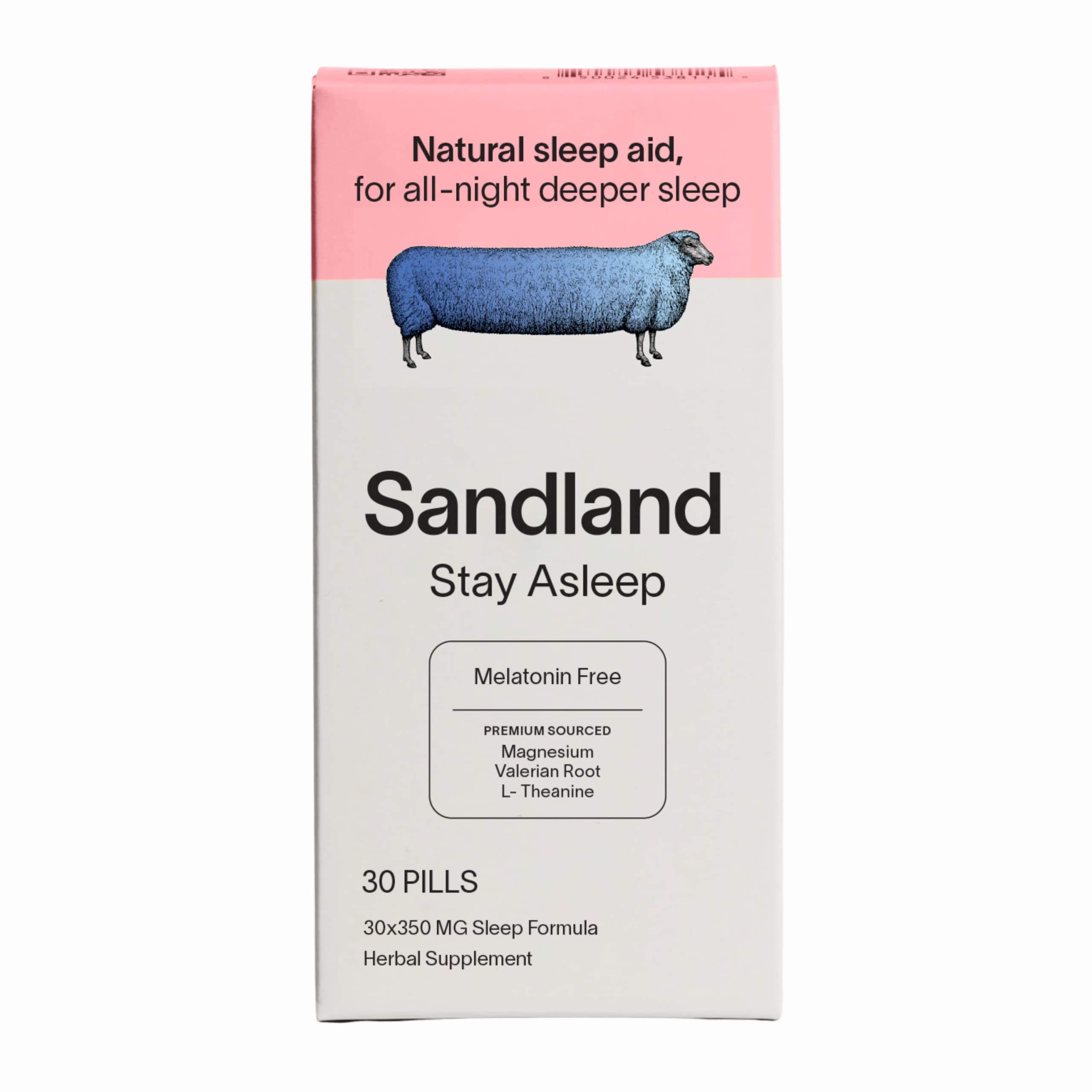 Sandland Stay Asleep, Natural Daily Sleep Supplement, 30 Pills, Magnesium, Valerian Root, L-Theanine, Peppermint Leaf, Made in T