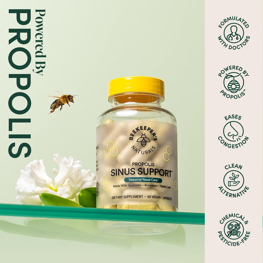 Beekeepers Naturals All Natural Sinus Support for Adults, Seasonal Nasal Care Relief with Propolis, Quercetin, Bromelain, Nettl