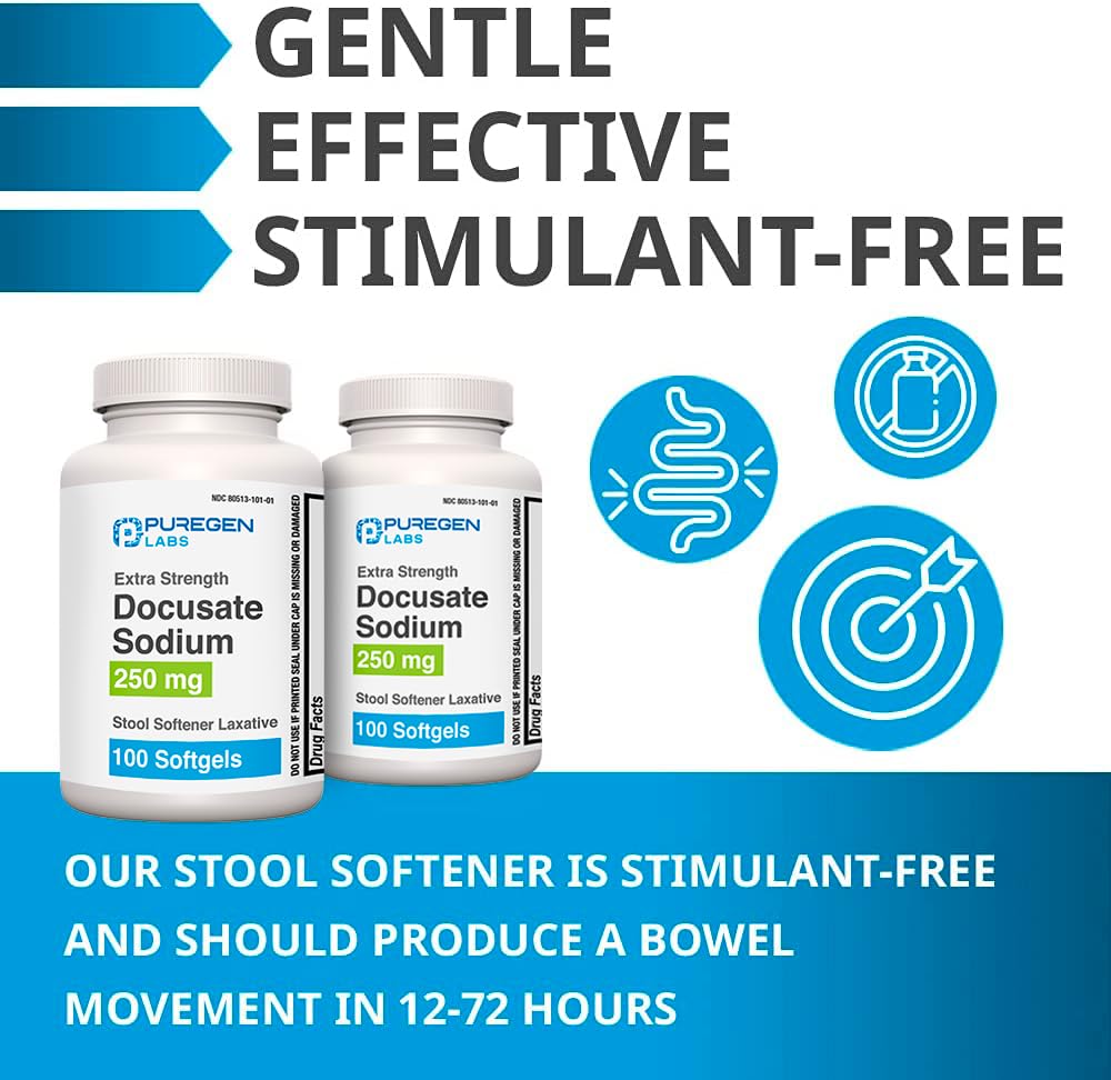 Puregen Labs Docusate Sodium 250mg Stool Softener Laxative | Gentle Constipation Relief | Extra Strength | Stimulant Free Total