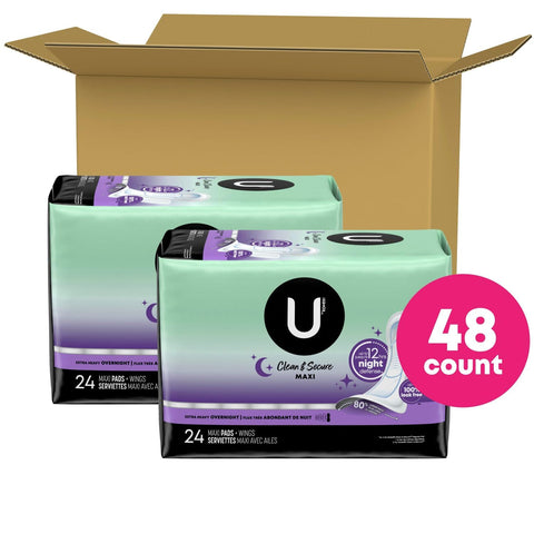 U by Kotex Clean & Secure Overnight Maxi Pads with Wings, Extra Heavy Absorbency, 48 Count (2 Packs of 24) (Packaging May Vary)