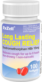 RXZELL Adult Cough Relief, Dextromethorphan HBr 15mg (100 Softgels), 8 Hour Long Lasting, Non-Drowsy, Cough/Bronchial Suppressan