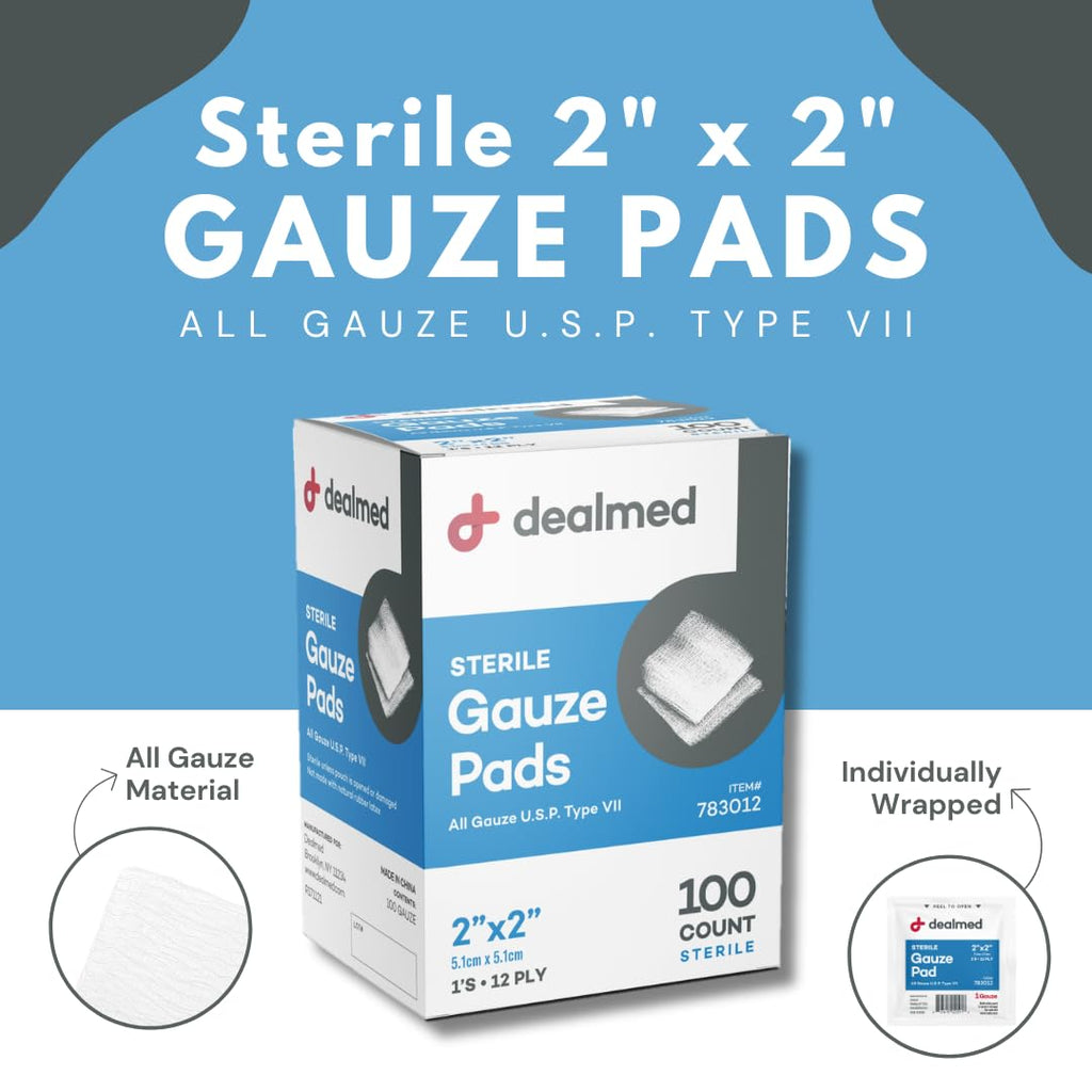 Dealmed 2 x 2 Sterile Gauze Pads (100 Count) Disposable and Individually Wrapped Medical Gauze Pads, Wound Care Product for Firs