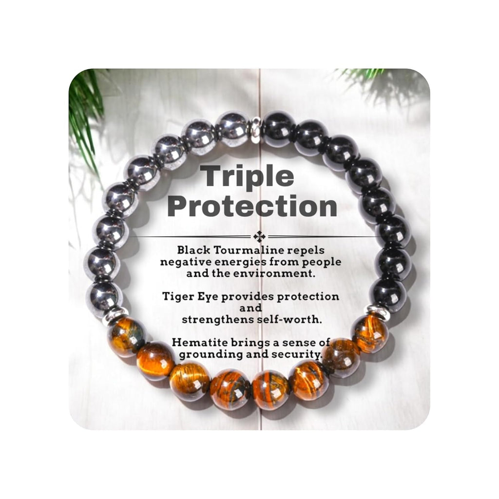 TUBIANCA Triple Protection Tiger Eye, Black Tourmaline, and Hematite Bracelet, Strength, Protection & Balance for Men & Women, G