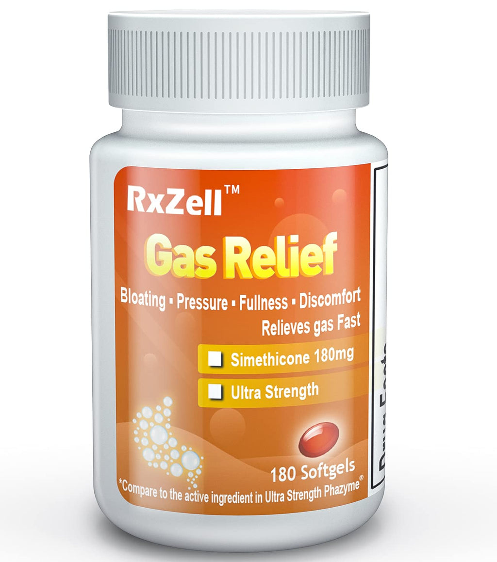 RXZELL Gas Relief, Ultra Strength Simethicone 180mg, 180 Softgels - Anti Flatulence Relieves Gas Fast, Bloating Aid, Stomach Dis