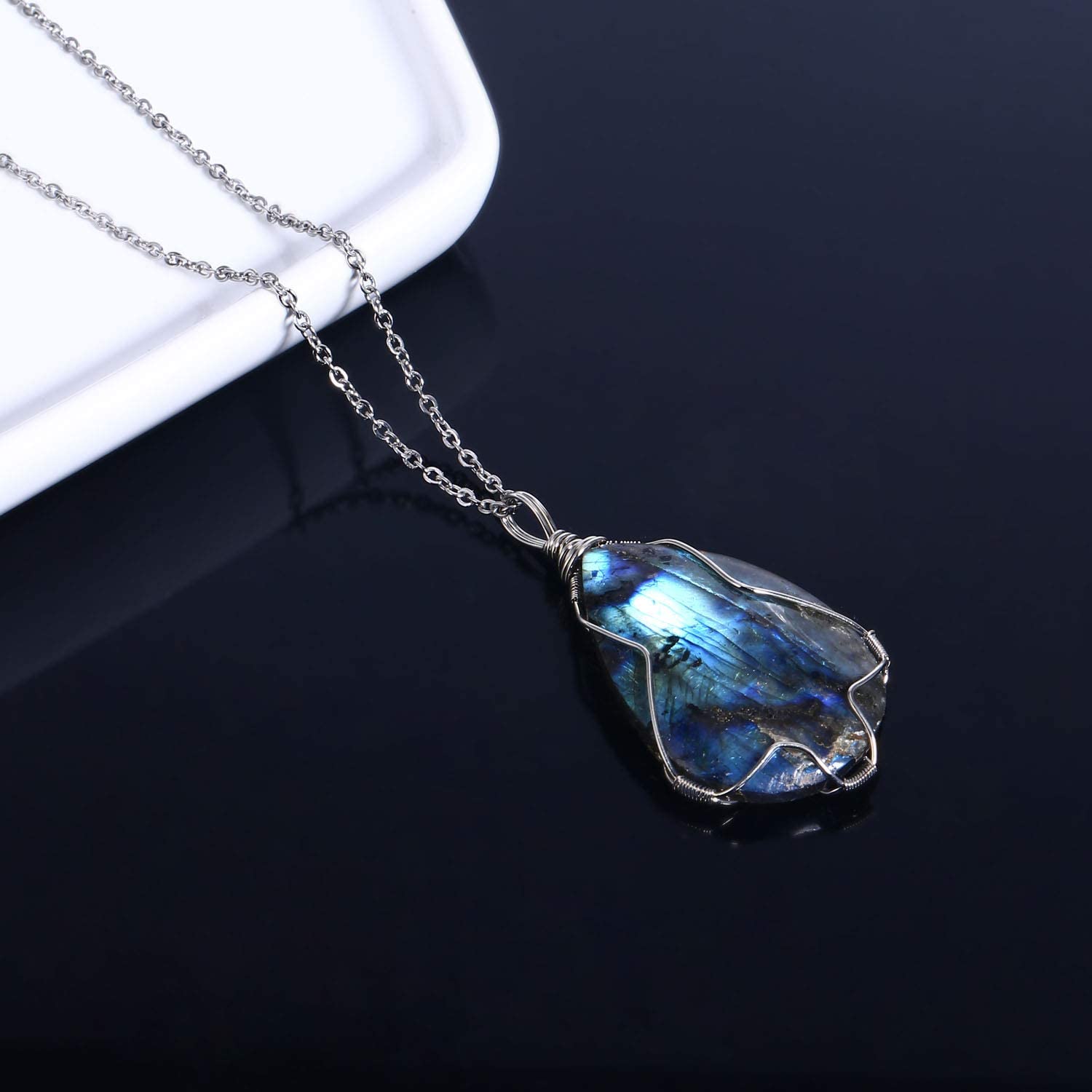 KISSPAT Labradorite Necklace Wire Wrap Pendant Healing Gemstone Palm Stone Moonstone Healing Stone Pendant Necklace for Men Wome