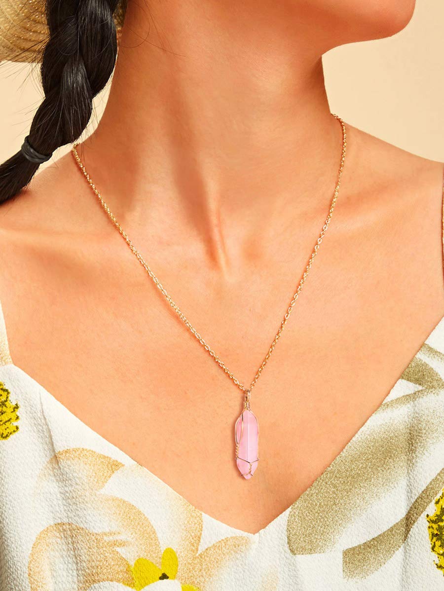 BOUTIQUELOVIN Real Rose Quartz Crystal Necklaces Gold Chain Wire Wrap Raw Stone Necklace on 20'' Chain Healing Crystal Jewlery f