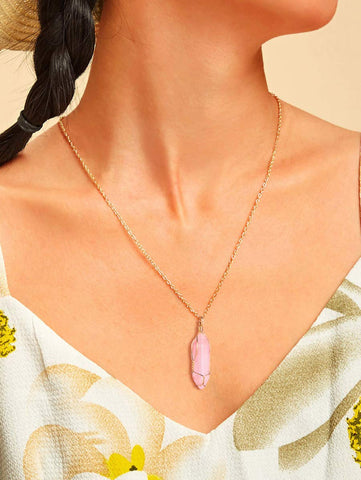 BOUTIQUELOVIN Real Rose Quartz Crystal Necklaces Gold Chain Wire Wrap Raw Stone Necklace on 20'' Chain Healing Crystal Jewlery f