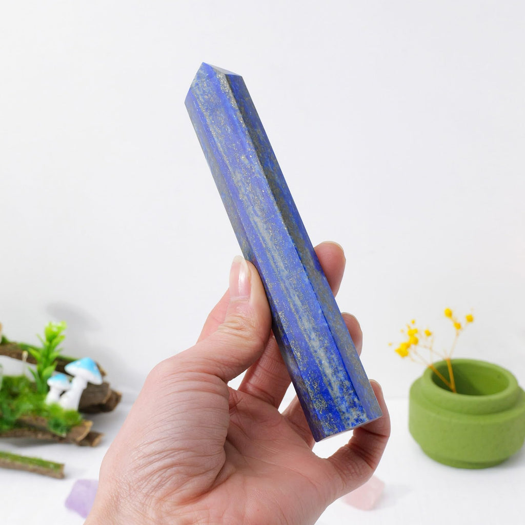 Apengshi 1PCS Natural Crystal Lapis Lazuli Tower 5.9-6.3 (15-16cm) 6 Faceted Single Point Prism Healing Crystal Wand for Meditat