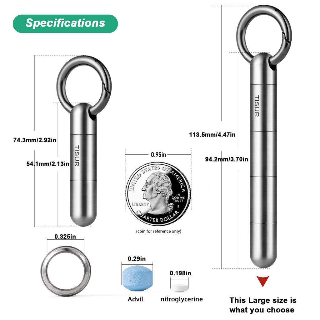 TISUR Large Keychain Pill Holder, Titanium Pill Case Waterproof Pill Fob for Travel Purse Pocket,Pill Organize