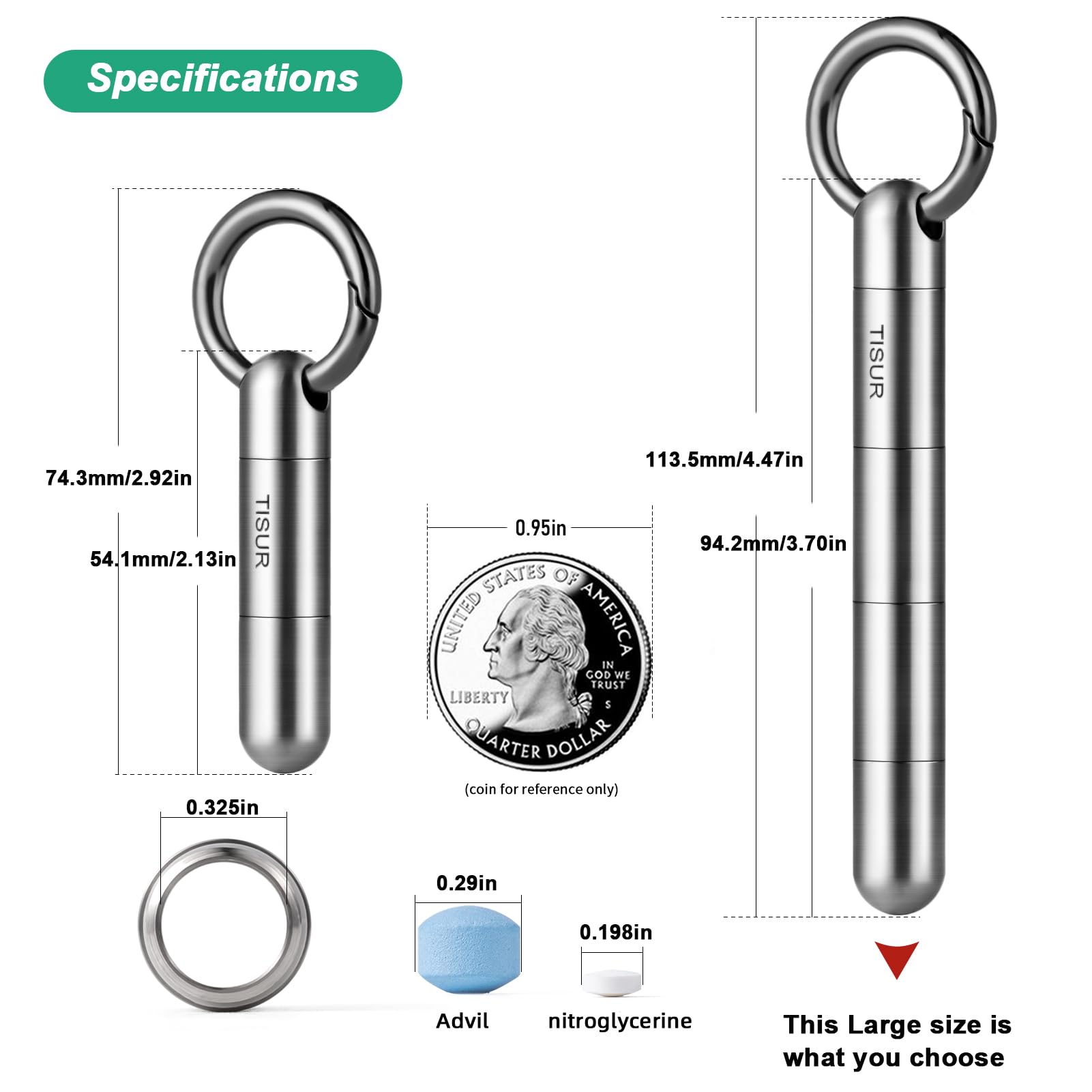 TISUR Large Keychain Pill Holder, Titanium Pill Case Waterproof Pill Fob for Travel Purse Pocket,Pill Organize