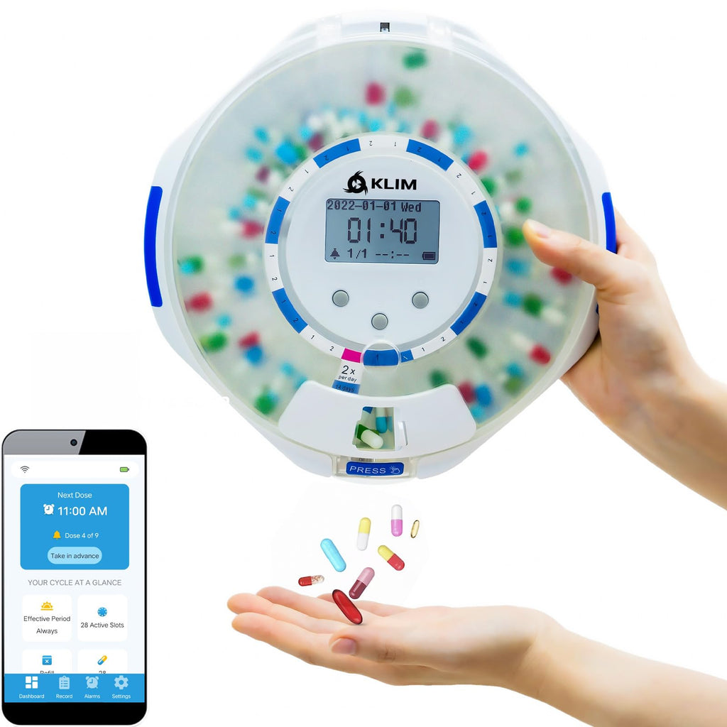 KLIM Smart Pill Dispenser with Alarm - WiFi Monitoring App - 28-Day Automatic Medicine Dispenser for Elderly & Alzheimers Care -