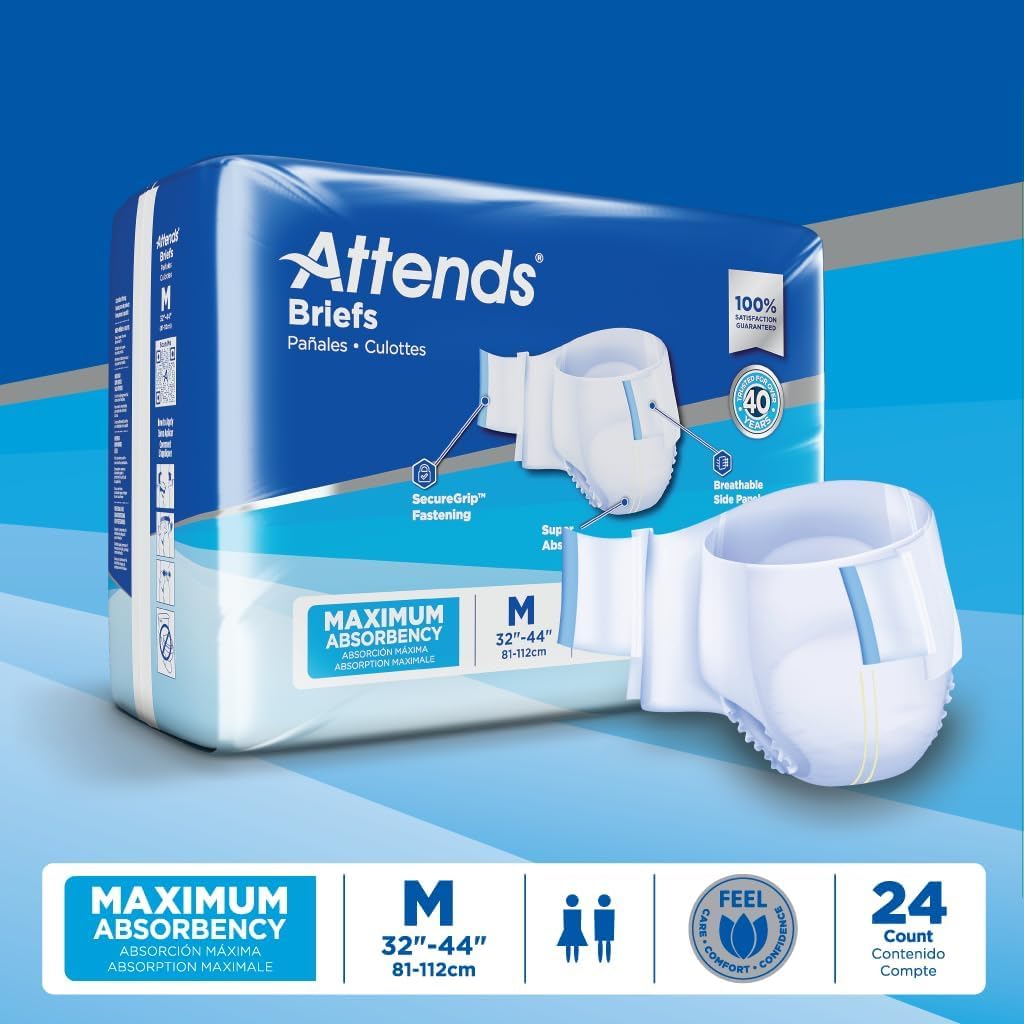Attends Incontinence Care Breathable Briefs for Adults, Medium, 24 Count (Pack of 4)
