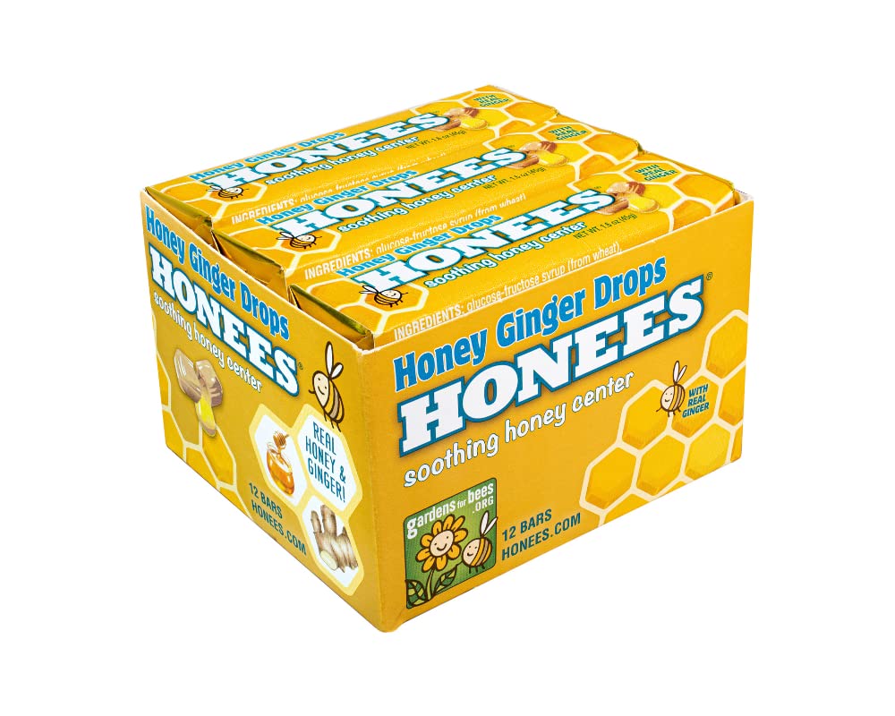 Honees Filled Honey Ginger Drops, Natural Cough Drops- Pure Ginger Sore Throat Relief - Nothing Artificial -Throat Coat Lozenges