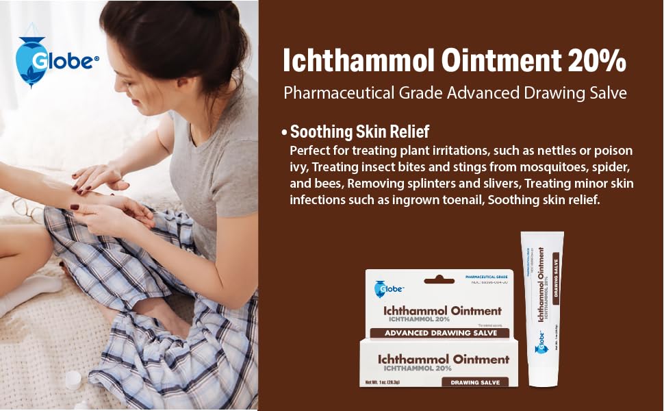 Globe Ichthammol Ointment 20% (Drawing Salve) 1 OZ - Soothing Skin Relief, Treatment of Eczema, Acne, Boils, Splinters, Bee Stin