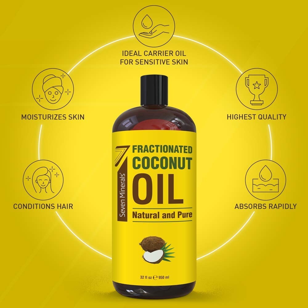 Seven Minerals, Pure Fractionated Coconut Oil - Big 32 fl oz Bottle - Non-GMO, 100% Natural, Lightweight Massage Oil for Massage