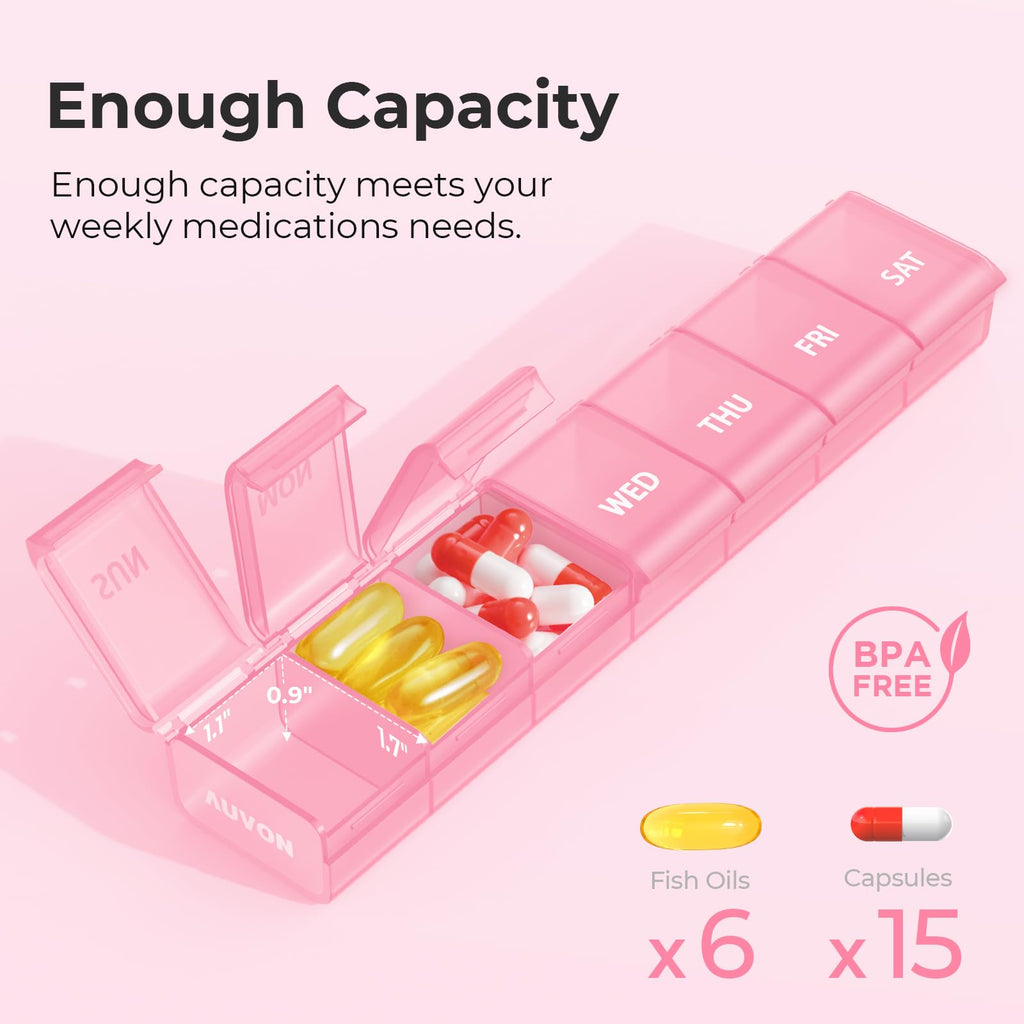 AUVON Weekly Pill Organizer with Effortless Opening Design, Arthritis Friendly Pill Box, BPA-Free Pill Organizer 7 Day, Cute & P