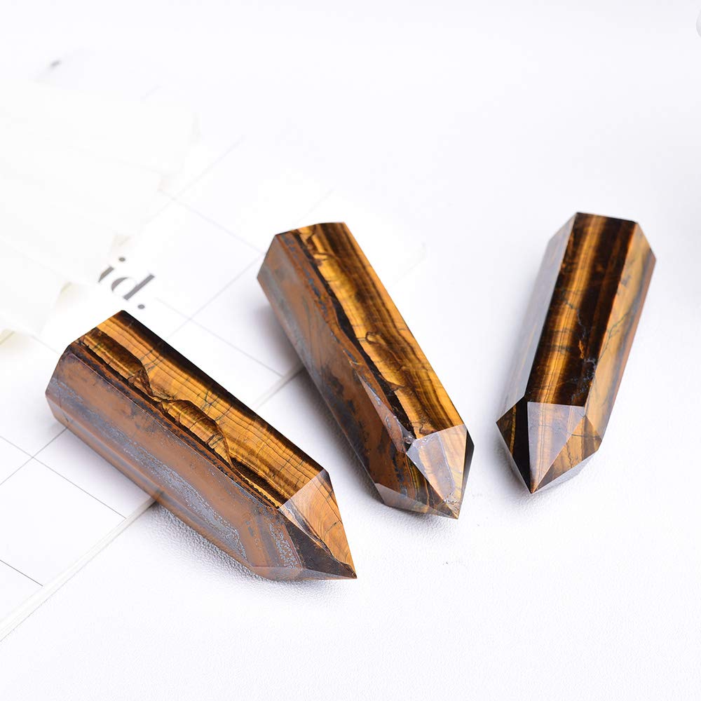 Runyangshi Tiger's eye Natural Healing Crystal Wands Height 2-2.4, 6 Faceted Prism Wand Reiki Chakra Stone, Natural Quartz