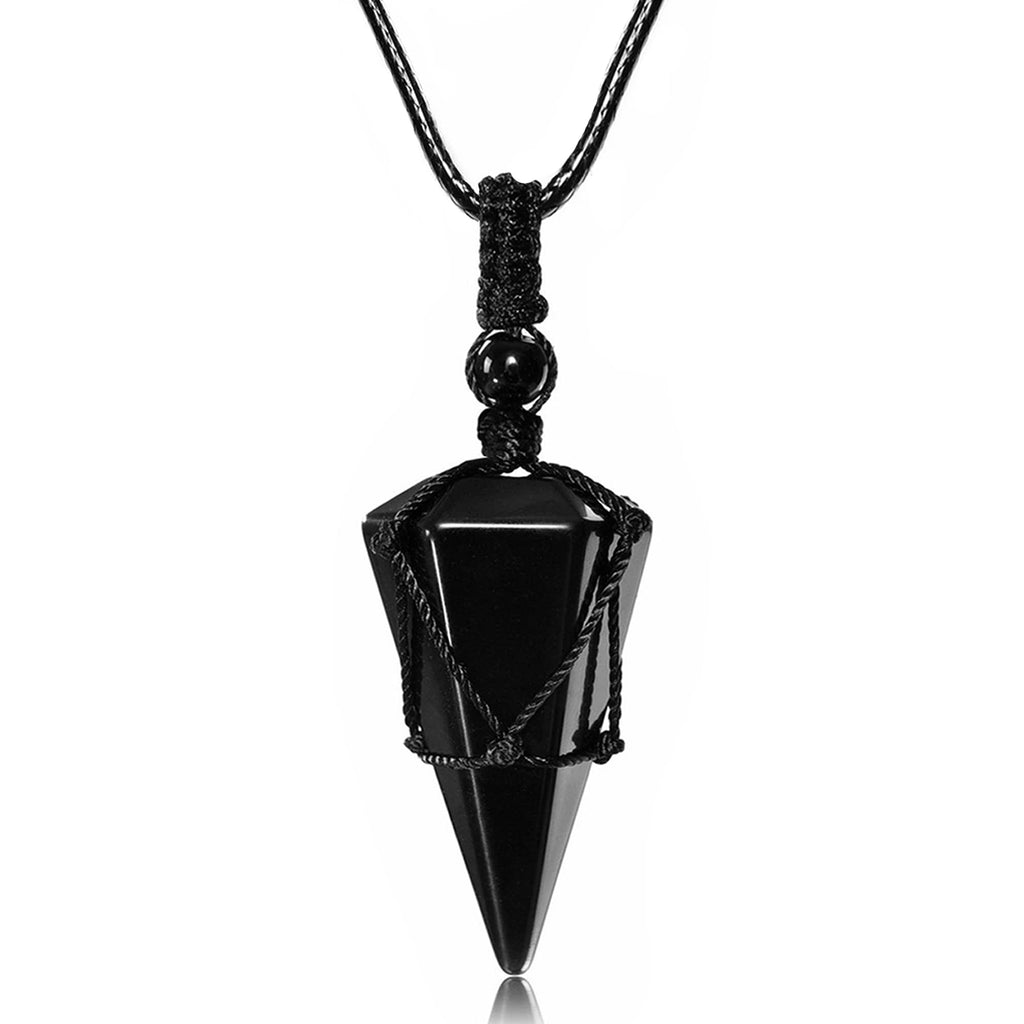 Top Plaza 6 Facet Reiki Healing Crystal Black Obsidian Stone Pointed Pendant Necklaces Adjustable Natural Gemstone Necklace Reik