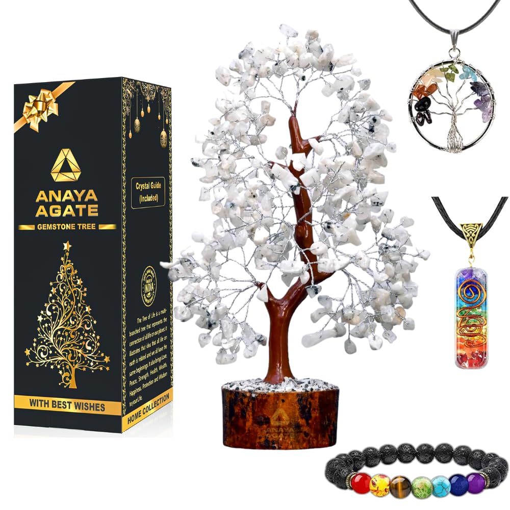 Rainbow Moonstone Crystal Trees for Home Decor, Office Desk Decoration, Chakra Healing Crystals and Stone for Positive Energy, M