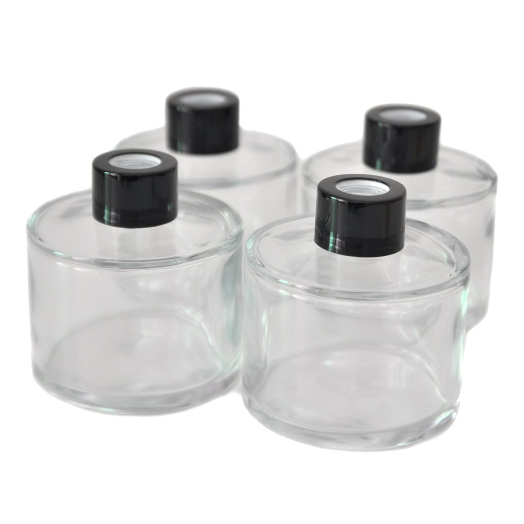 Ougual Set of 4 Cylindrical Round Glass Essential Oils Diffuser Bottles (150ML, Black Cap)