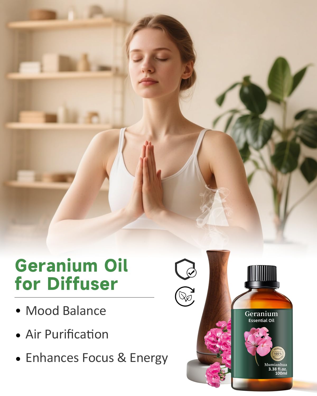 Mumianhua 100% Pure Geranium Essential Oil Natural Geranium Oil for Skin, Diffuser, Massages, DIY, Skin, Hair, Bath, Aromatherap