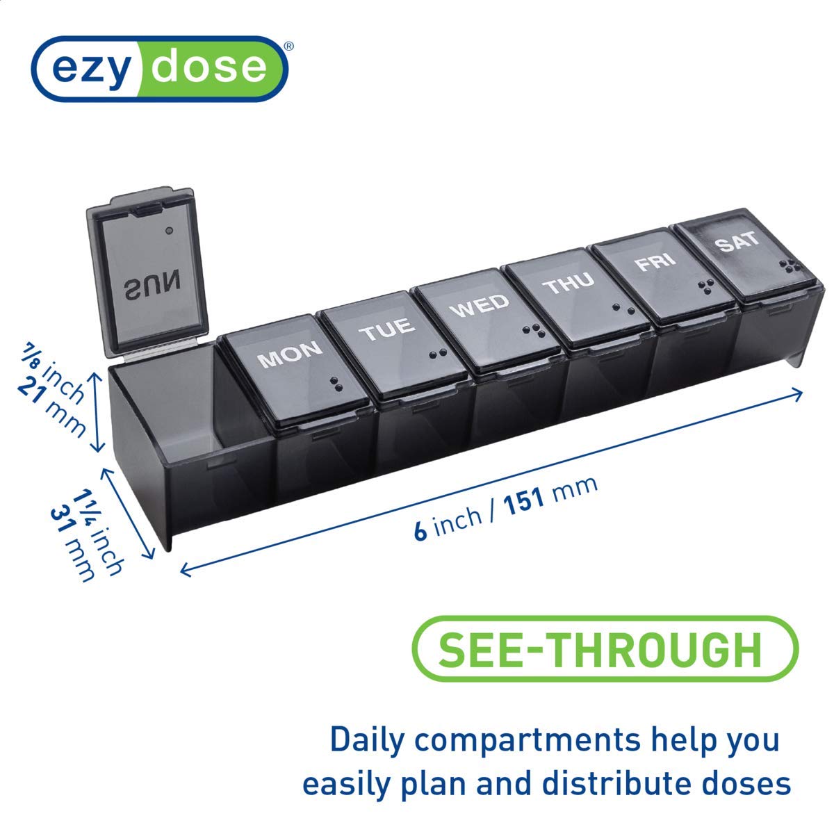 EZY DOSE Weekly (7-Day) Pill Case, Medicine Planner, Vitamin Organizer Box, Convenient and Easy to Use, Large Compartments, Trav