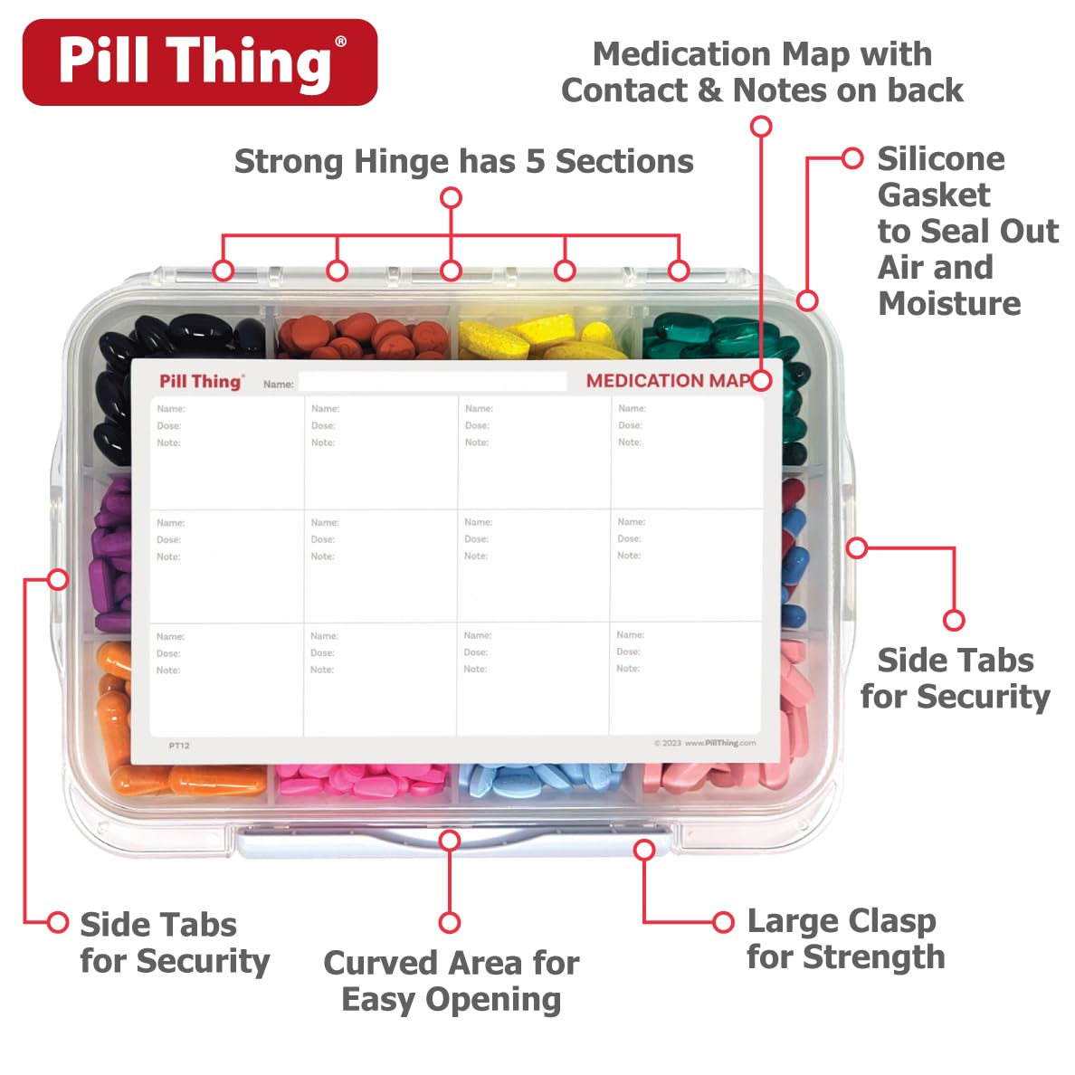 12 Compartment Large Pill Case with Airtight Seal - Silicone Gasket Waterproof Med Box with Medication Map (12 Compartment, 1 Pa