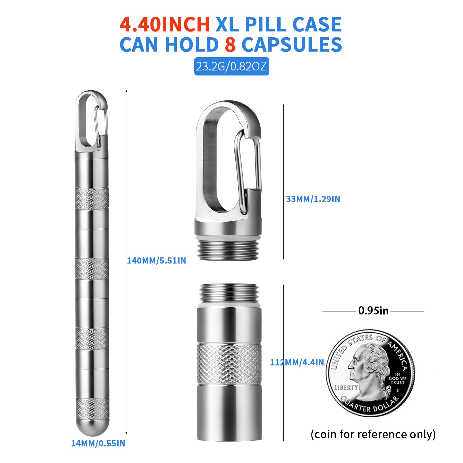 TISUR Keychain Pill Holder, Small Titanium Pill Case,Travel Pill Box Container,Variable Lengths Portable Pill Organizer Waterpro