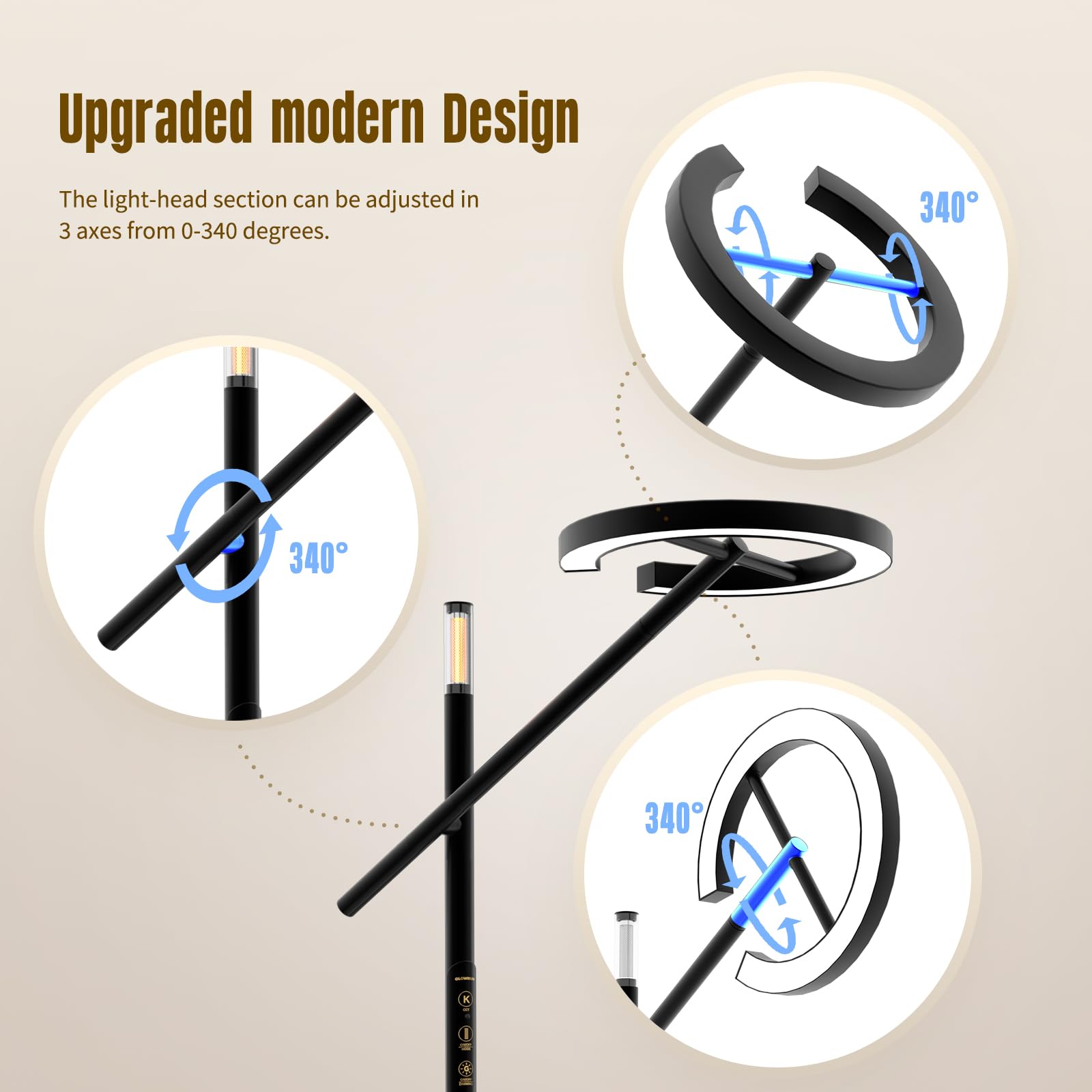 GLOWRIUM-H1 Smart Light Therapy Lamp 10000 Lux, LED UV-Free Sun Lamp, Full Spectrum Happy Natural Mood Therapy, Stepless Dimmabl