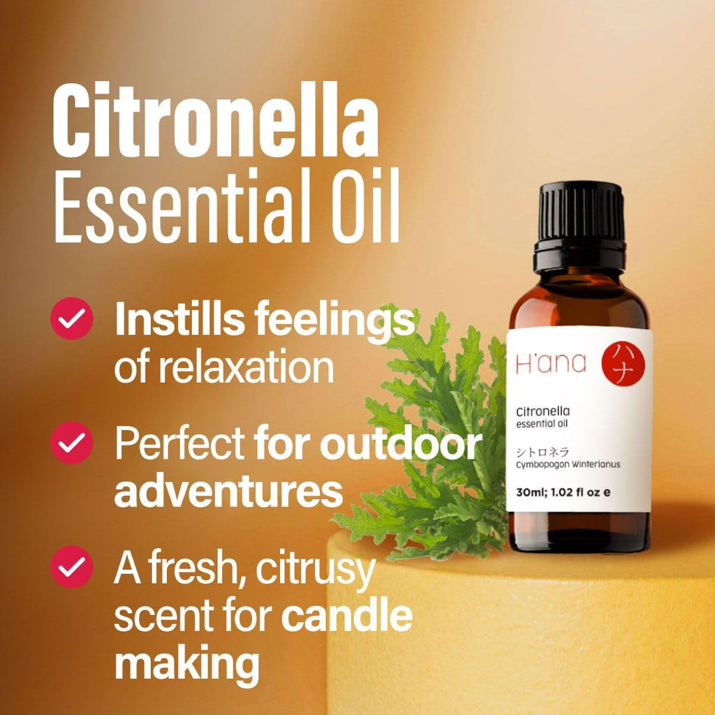 Hana Citronella Oil - 100% Pure and Natural Citronella Essential Oil for Candle Making, Diffuser, and Aromatherapy - with a Fres