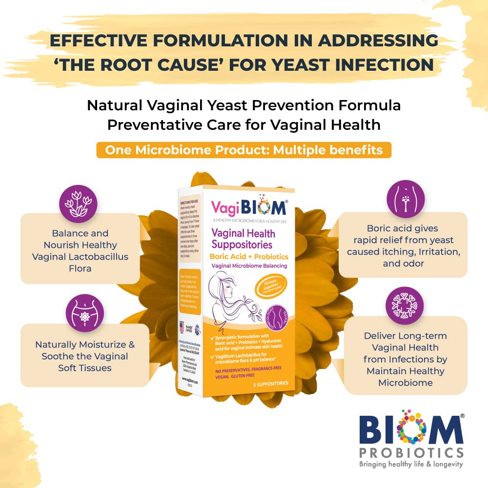 VagiBiom Boric Acid Suppositories with Lactobacillus: Microbiome Flora Balance; Balance and Nourishes Healthy Flora; Paraben-Fre