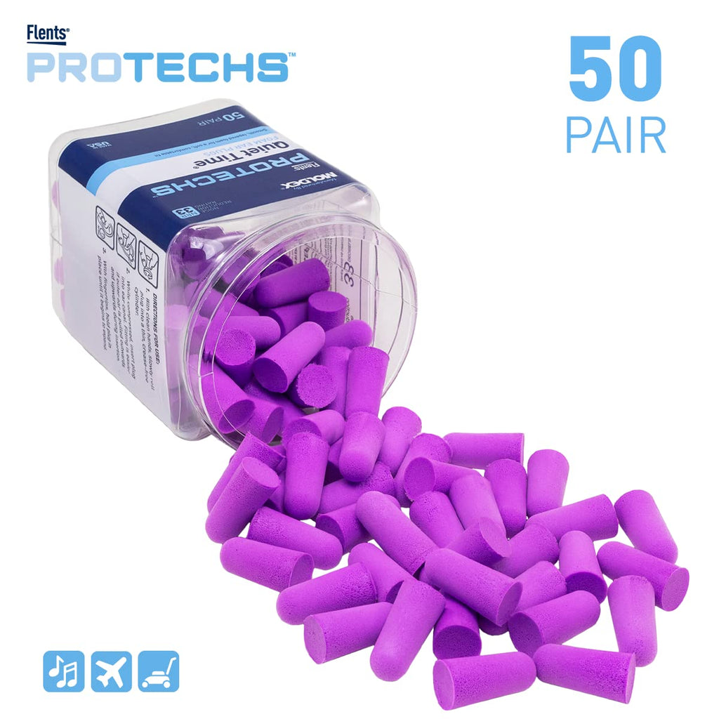 Flents Foam Ear Plugs, 50 Pair for Sleeping, Snoring, Loud Noise, Traveling, Concerts, Construction, & Studying, NRR 33, Purple,