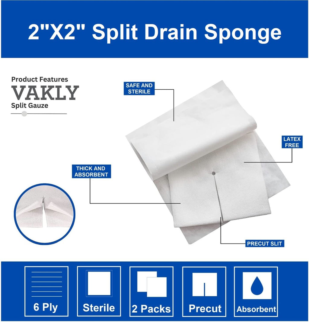 Split Drain Sponge Gauze 2x2 Sterile 6 Ply Pads [Pack of 70] Absorbent Precut 2X2 Non-Woven Slit Bandage for I.V. Tracheostomy -