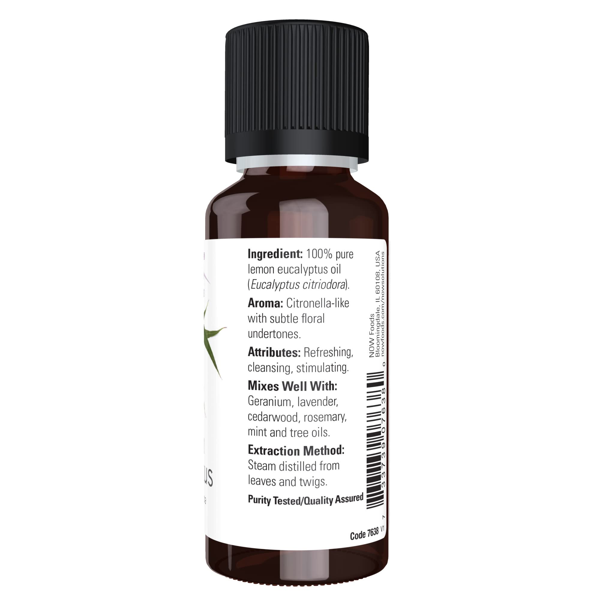 NOW Essential Oils, Lemon Eucalyptus Oil, Refershing Aromatherapy Scent, Steam Distilled, 100% Pure , Vegan, Child Resistant Cap