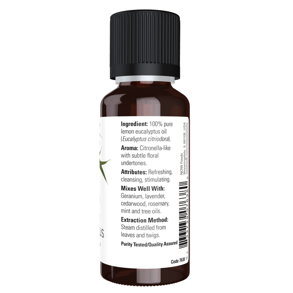 NOW Essential Oils, Lemon Eucalyptus Oil, Refershing Aromatherapy Scent, Steam Distilled, 100% Pure , Vegan, Child Resistant Cap