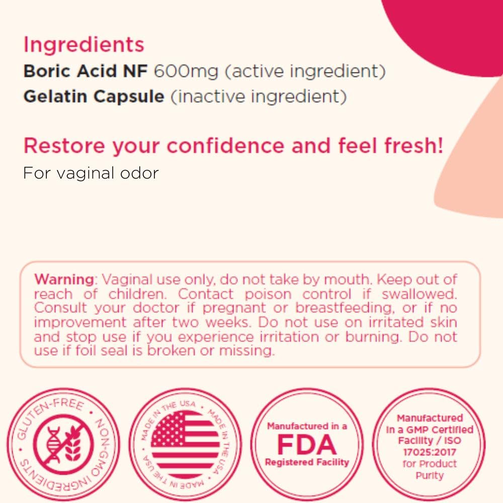 BoriCap - Boric Acid Suppositories for Women - 600 mg - Vaginal Health, pH Balance, Itch & Odor - Natural - Feminine Care - by H