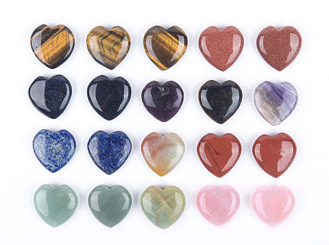 JIC Gem 20 pcs Mixed Crystal Heart Stones Heart Shape Chakra Stones 30mm Reiki Balancing Hand Carved Polished Palm Worry Stone G
