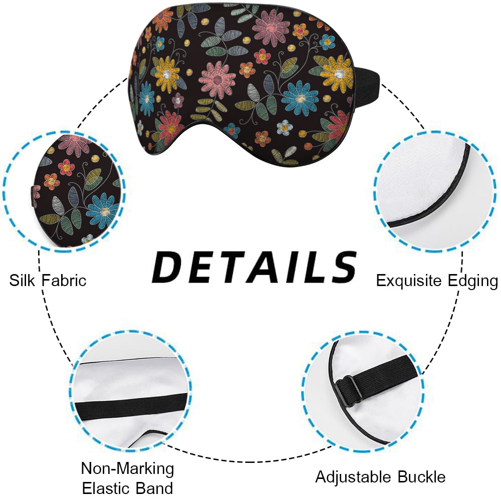 NOHSHE Embroidery Pattern Sleep Mask Eye Mask Beautiful Summer Flowers Leaves Black Sleep Mask Light Blocking Adjustable Smooth
