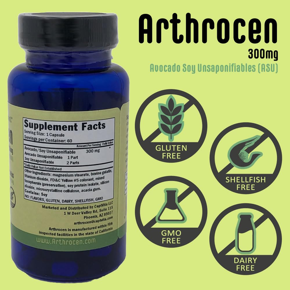 Arthrocen Joint Health Supplement, 300Mg Avocado Soy Unsaponifiable, Non-GMO, Dairy Free, Gluten Free & Shellfish Free, 60 Day S