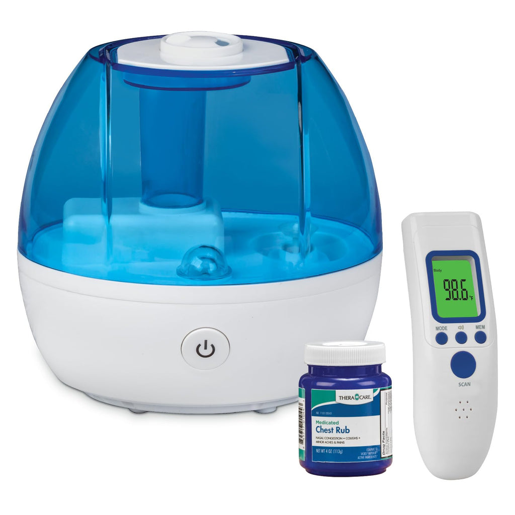 Seasonal Relief Bundle 3-Piece | Cool Mist Humidifier | Forehead Thermometer | Medicated Chest Rub | Fast Relief During Cough Co