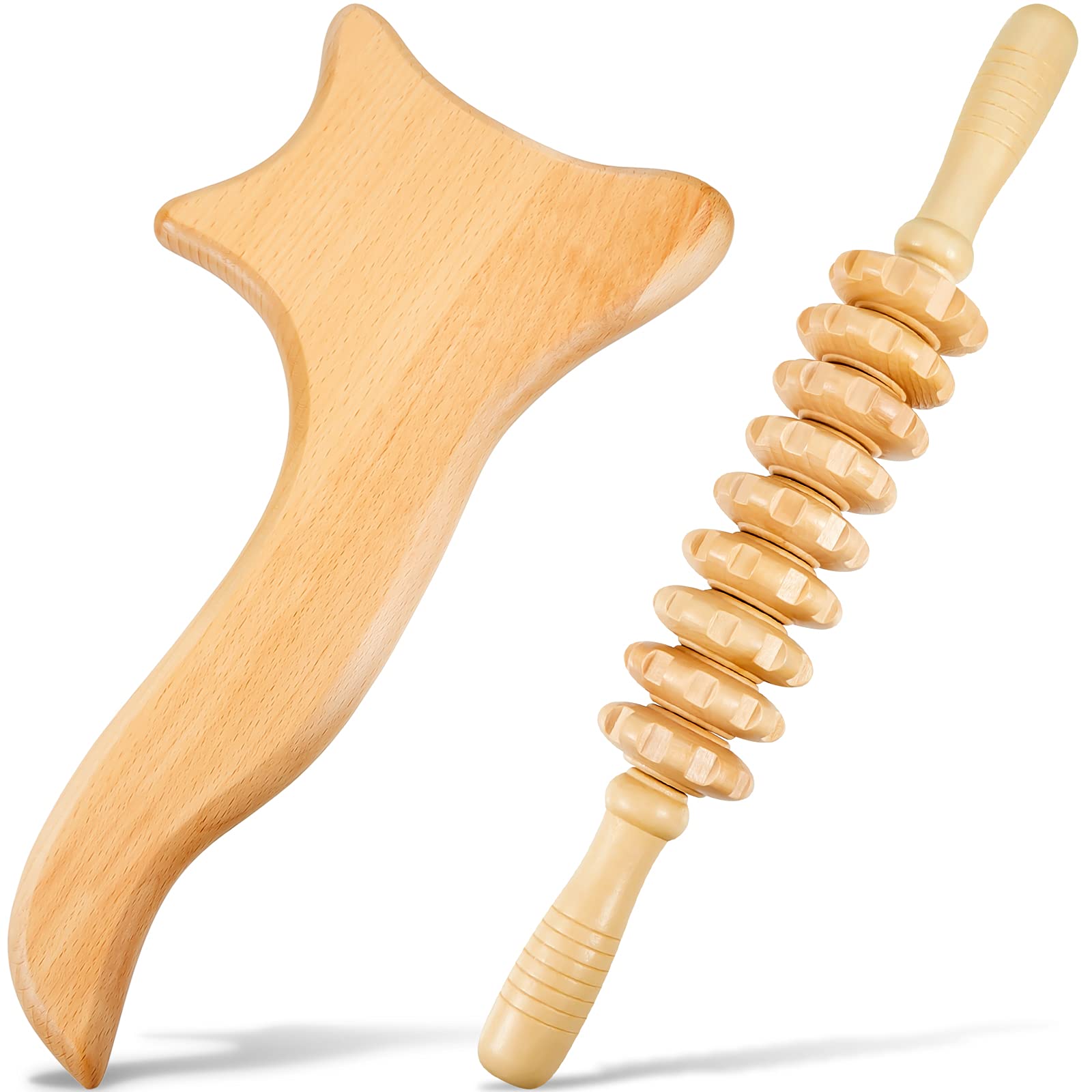 2 Pcs Wood Massage Tools Gua Sha Board 14.96x2.36+13x6.3 Inches Handheld Wooden Scraper Massage Rollers Large Lymphatic Drainage