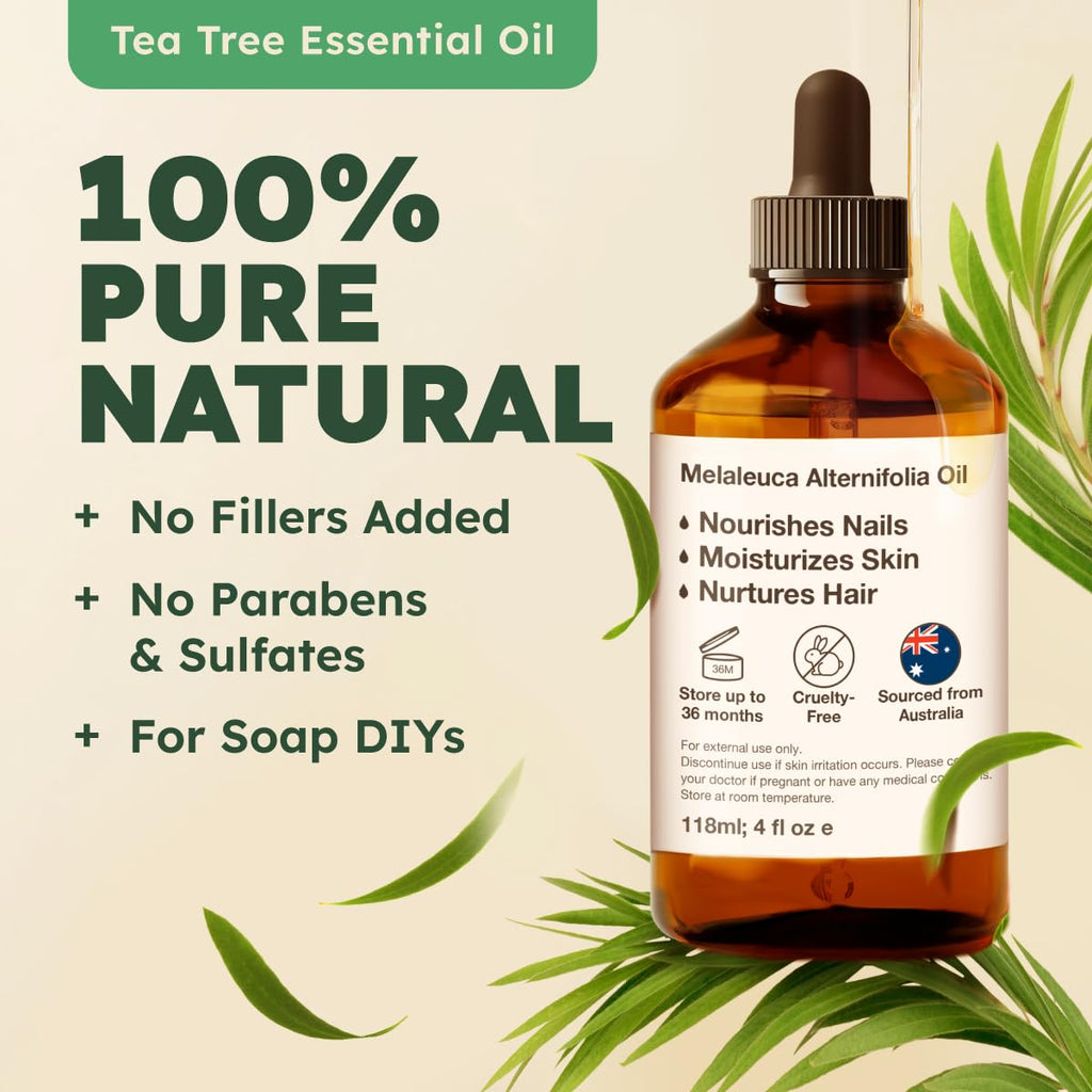 KUKKA essential oils 100% Pure & Natural Tea Tree Oil for Skin, Hair, Toenails, Aromatherapy, & Soap Making Scent (4 fl oz/118 m