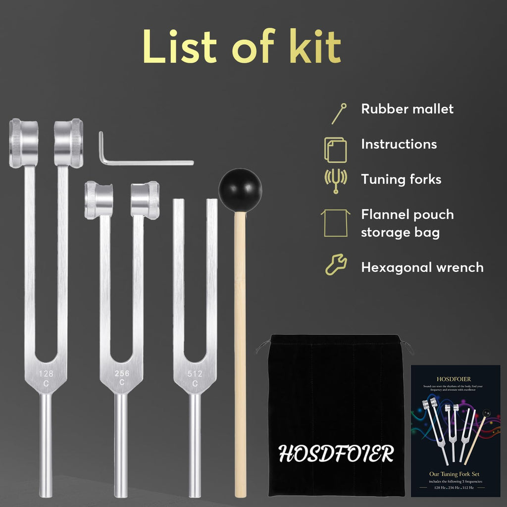 Tuning Forks for Healing Set (128Hz, 256Hz, 512Hz), Tuning Fork with Reflex Hammer for Healing/Frequency Instrument/Sound Therap