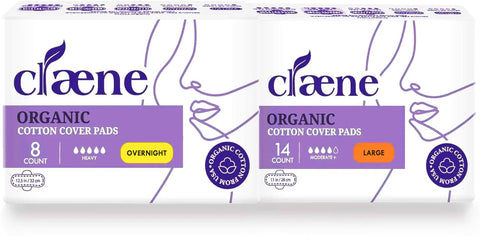 Claene Organic Cotton Cover Pads, Menstrual Large&Overnight Pads for Women, Unscented, Breathable, Natural Sanitary Napkins with
