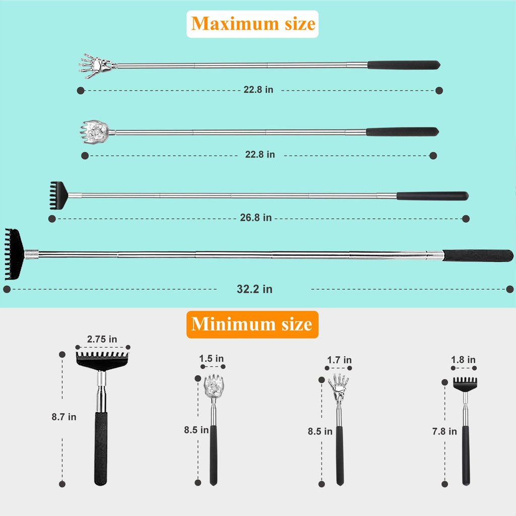 Oversized Back Scratcher Gift Set, 4 Pack Portable Extendable Stainless Steel Telescoping Massage Tool, Gift/Stocking Stuffers f