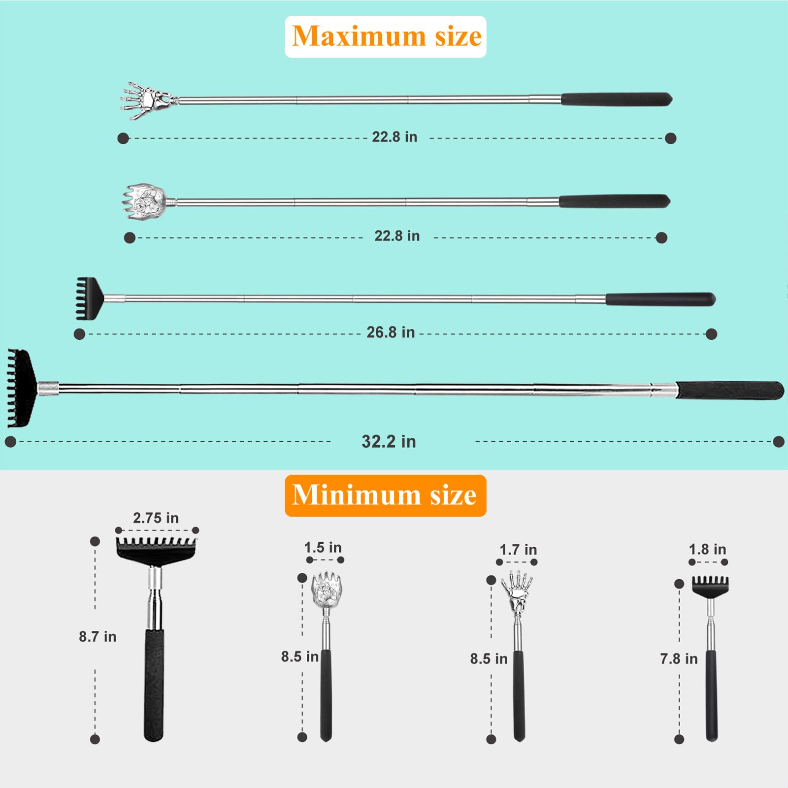 Oversized Back Scratcher Gift Set, 4 Pack Portable Extendable Stainless Steel Telescoping Massage Tool, Gift/Stocking Stuffers f