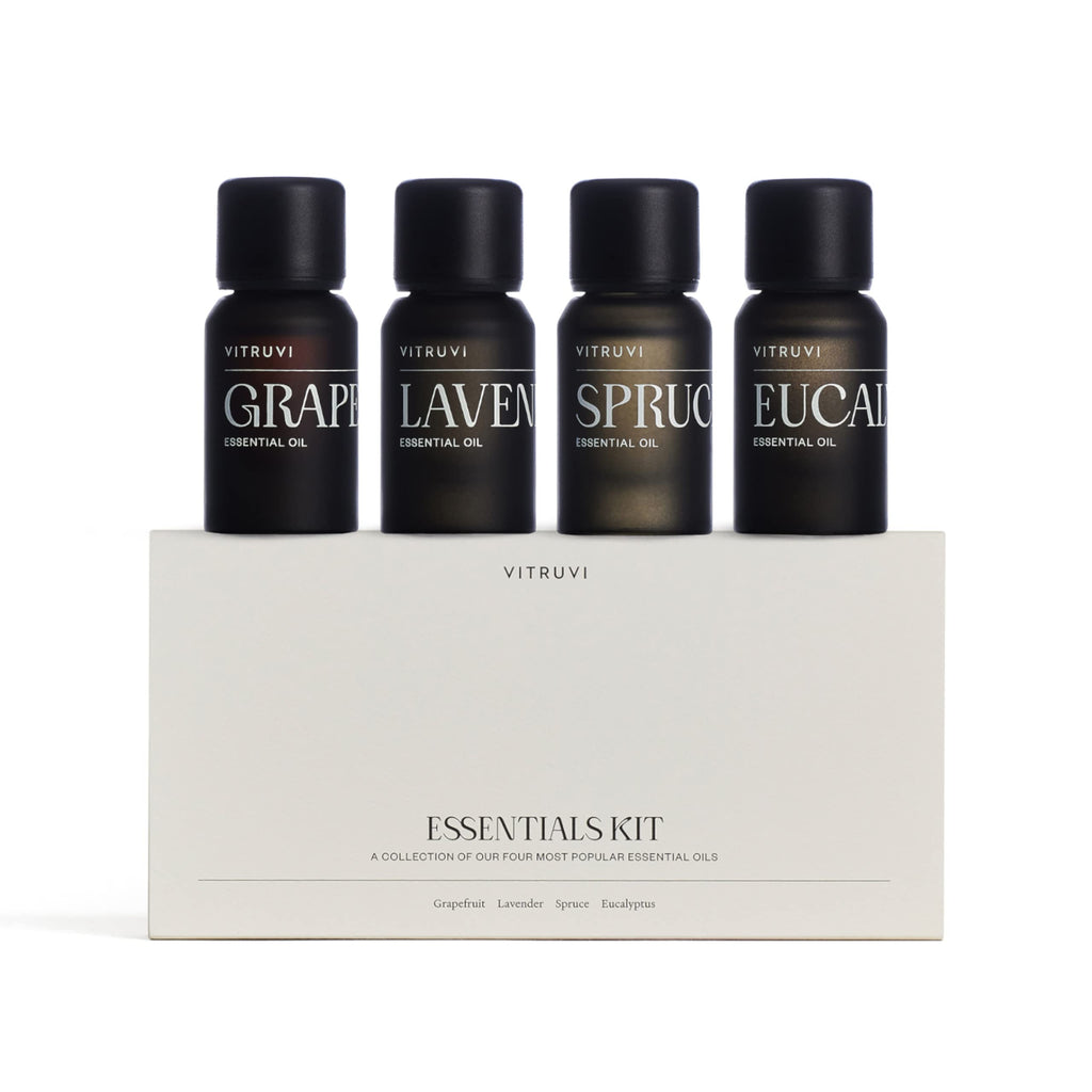 Vitruvi Essentials Kit, Essential Oil Starter Kit, 100% Pure Lavender, Eucalyptus, Grapefruit, Spruce, Essential Oil Set | Essen