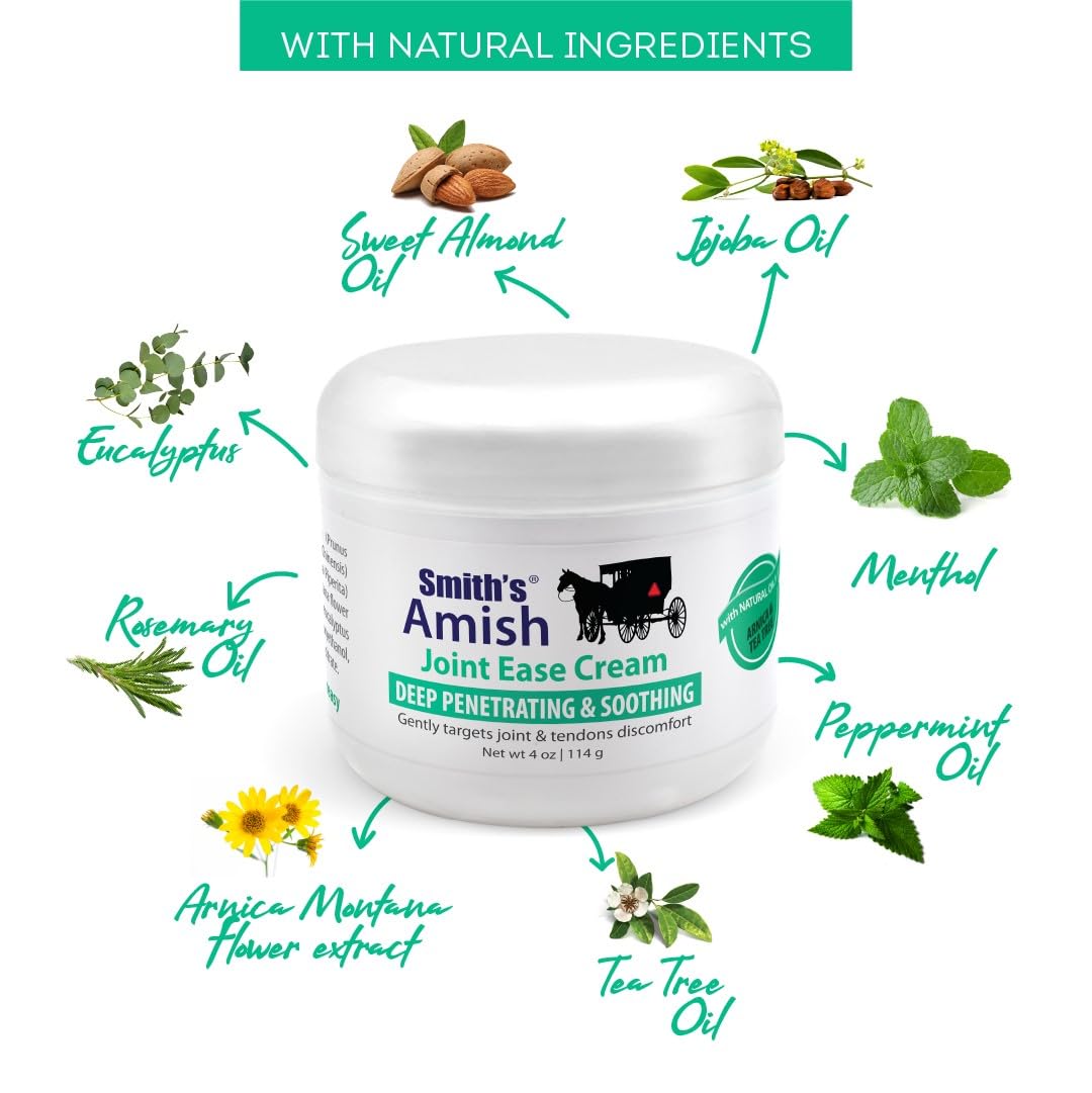 Smiths Amish Joint Ease Cream 4 oz jar. Soothing and Cooling, with Botanicals of Arnica, Peppermint, Tea Tree, Rosemary and Euca