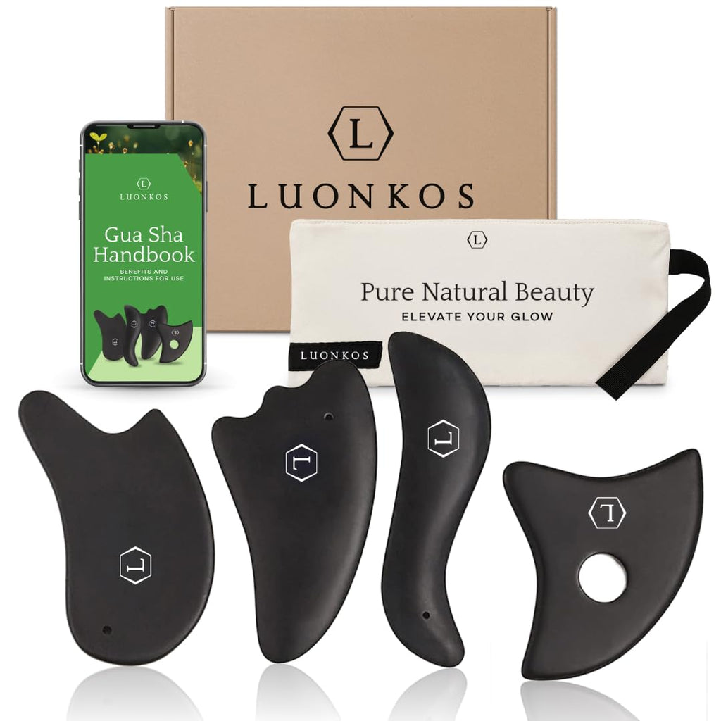 Hana Emi LUONKOS Gua Sha Tools Set - Large Black Bian Stone, 4-Pc - Face & Lymphatic Drainage Massager - Skin Care & Face Sculpt