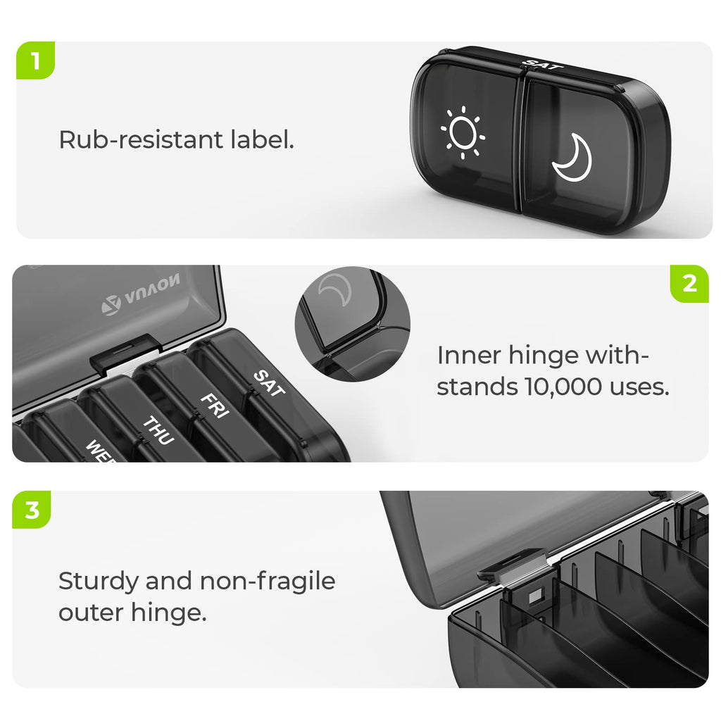 AUVON XL Weekly Pill Organizer 2 Times a Day, Pill Box 7 Day with One-Side Large Openings for Easy to Use, Black Privacy Protect